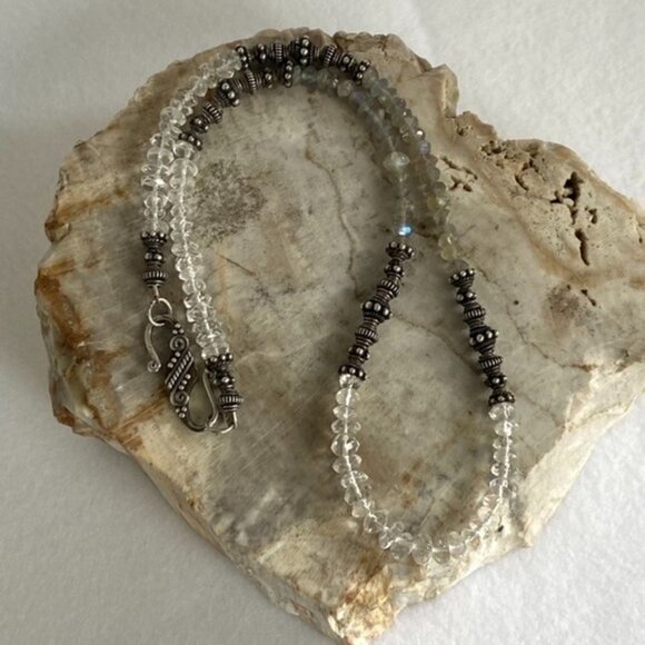 Sterling Silver 925 Labradorite & Quartz Beaded Necklace 17" Hook Closure 21g - Picture 4 of 16